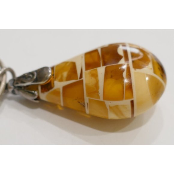 Mosaic Amber Pendant With Embedded Insects Sterling Silver On Sterling Chain - Picture 12 of 13
